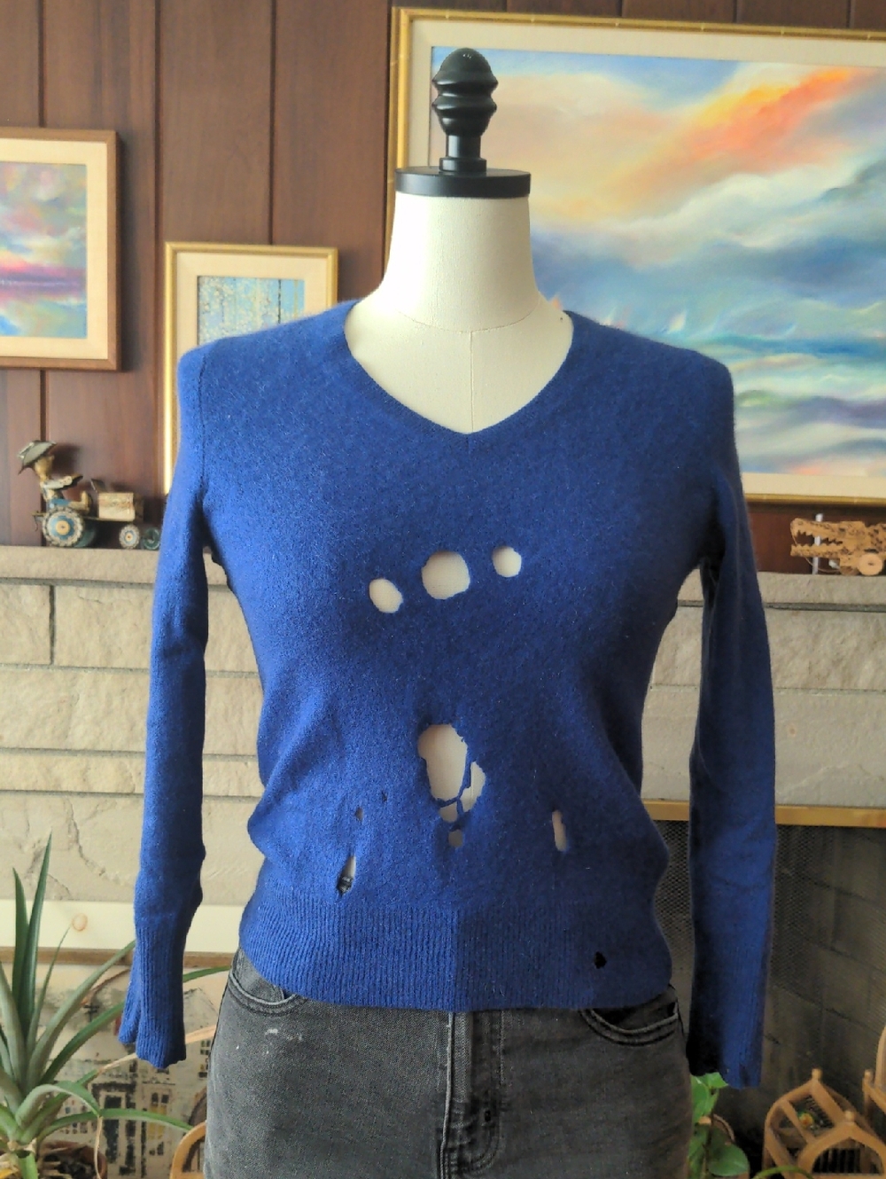 Thrashed Cashmere Sweater, Blue, Vintage, V Neck, Size Small, Punk